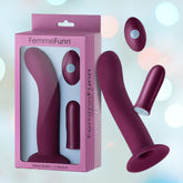 The image showcases the Femme Funn Versa S - Sleeve and Bullet Vibrator set, featuring a purple bullet-shaped vibrator with 7 powerful vibration modes and a remote control. Complete with a curvaceous silicone sleeve for G-spot stimulation, the packaging displays the product against soft, out-of-focus lights.